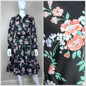 Vintage 1970s Black Floral Dress, Herman Marcus Dallas Size XS